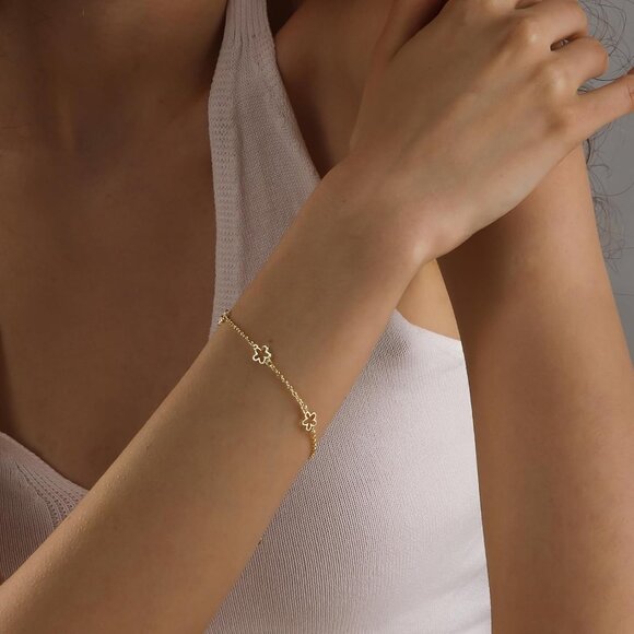 14K Gold Plated Hollow Flowers  Link Chain Ring Bracelet Hand Chain for Women - Picture 3 of 7